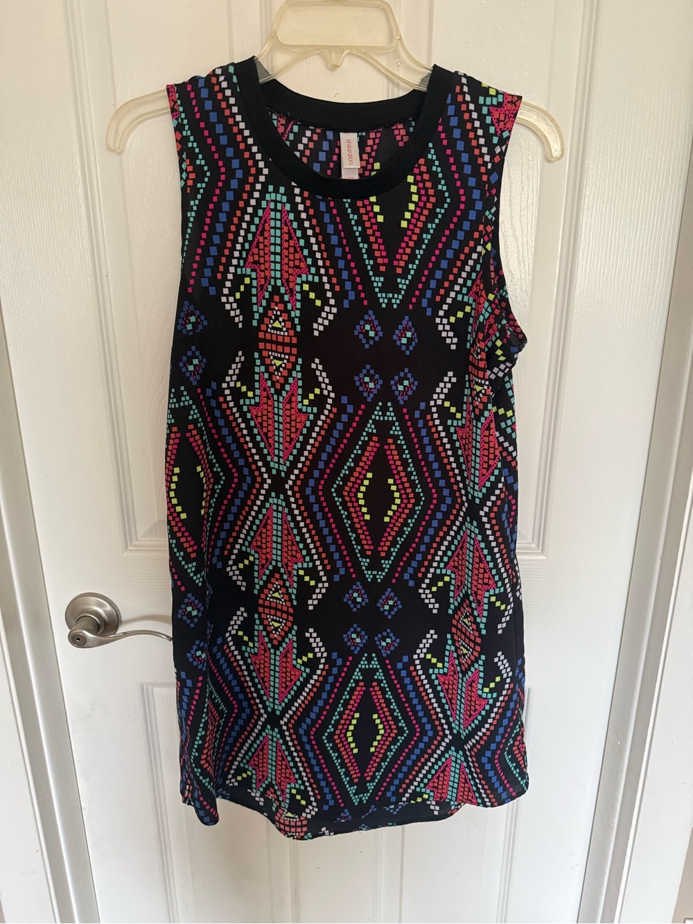 Xhilaration Black Sleeveless Dress with Neon Geometric Print